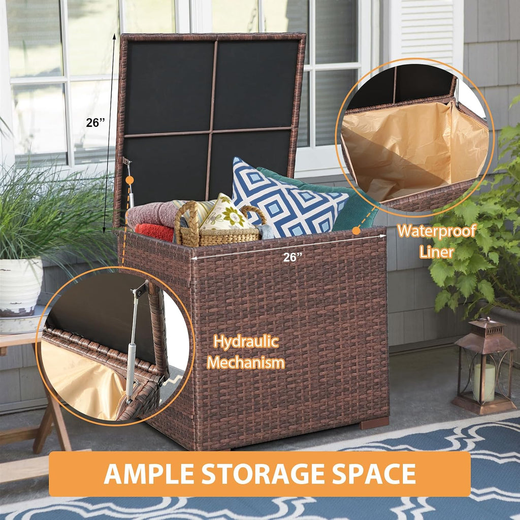 Super Patio 8 Pieces Outdoor Patio Furniture Set with 45' Fire Pit Table, Rattan Patio Conversation Sets with 50000 BTU Gas Fire Pit, Wicker Sectional Sofa Set with Storage Box, Brown(Without Table)
