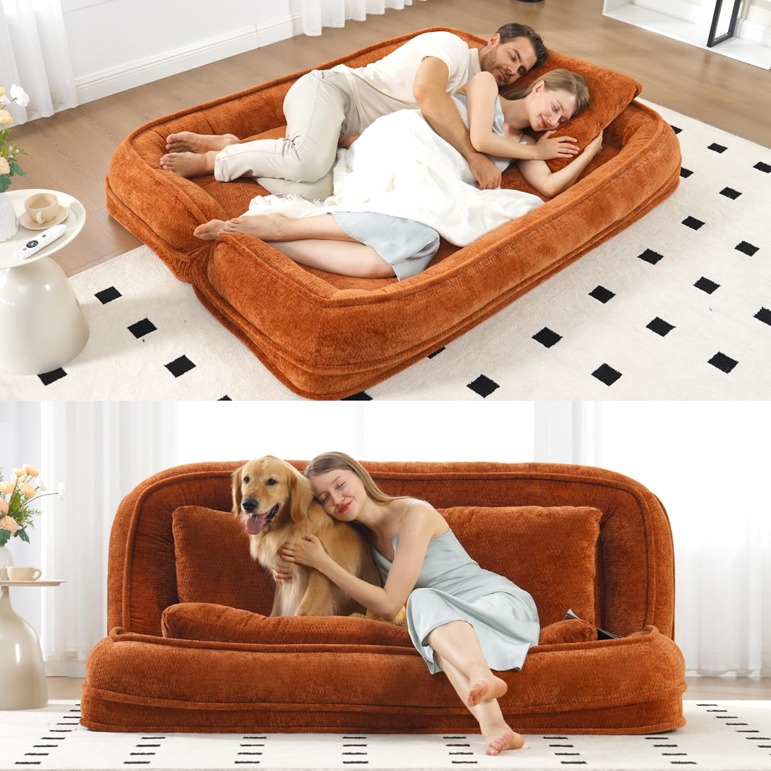 Floor Chair with Back Support, Human Dog Bed, Folding Loveseat with 5 Adjustable Position, 2 Back Cushions, Chenille Meditation Gaming Chair for Lazy Boys, Living Room, Lounge, Bedroom, Orange