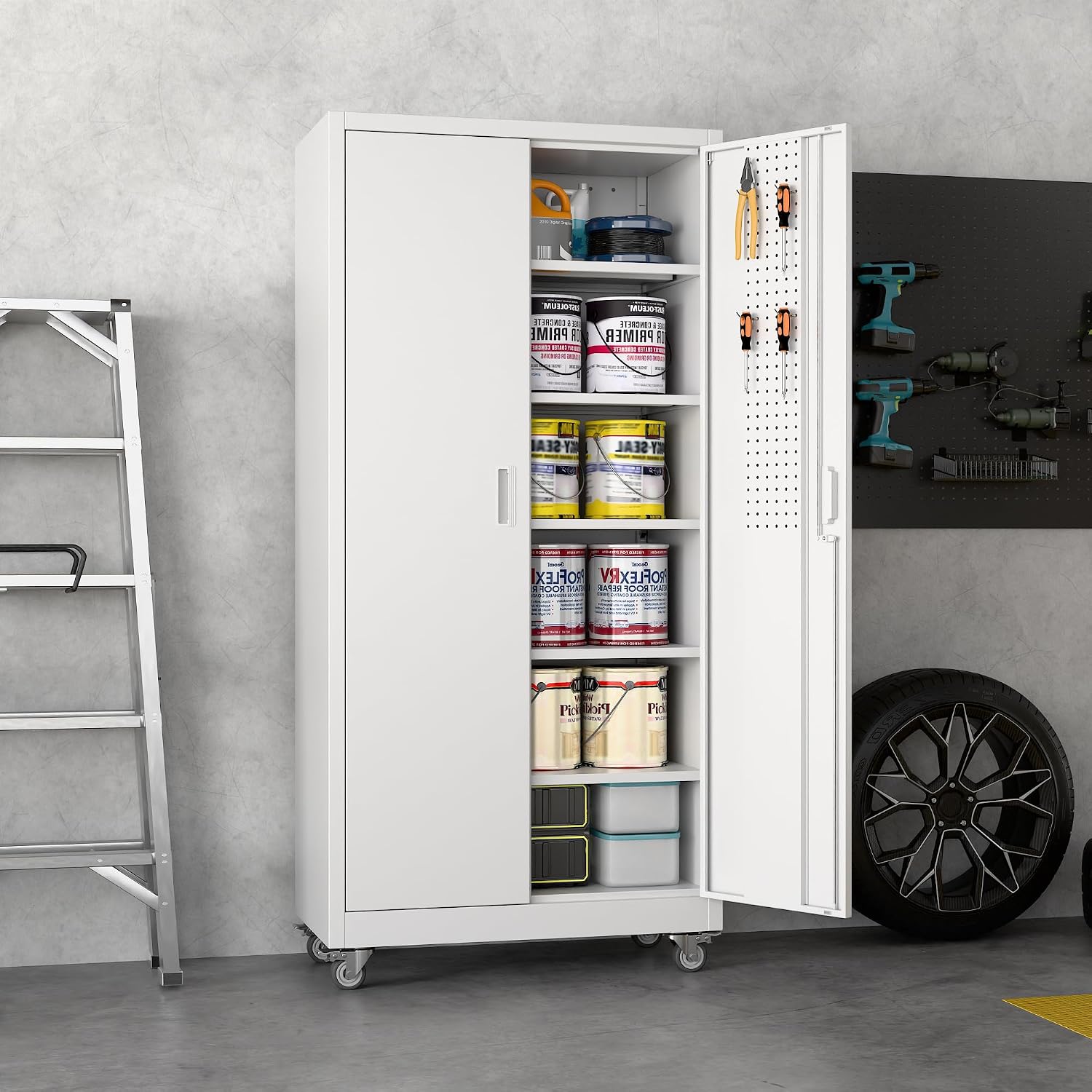 71' Tall Rolling Metal Storage Cabinet with Locking Doors, White Heavy Duty Tool Cabinet with Wheels, 5 Adjustable Shelves & Pegboards for, Workshop, Garage, Warehouse, Assembly Required