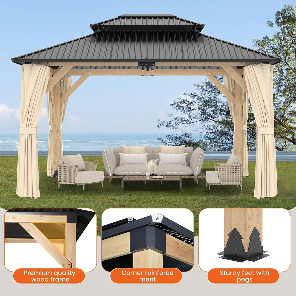 Outdoor Wooden Gazebo - Outdoor Patio Gazebo with Galvanized Steel Double Roof, Cedar Wooden Frame Pavilion, Pergolas for Garden, Lawn, Poolside (11X13FT)