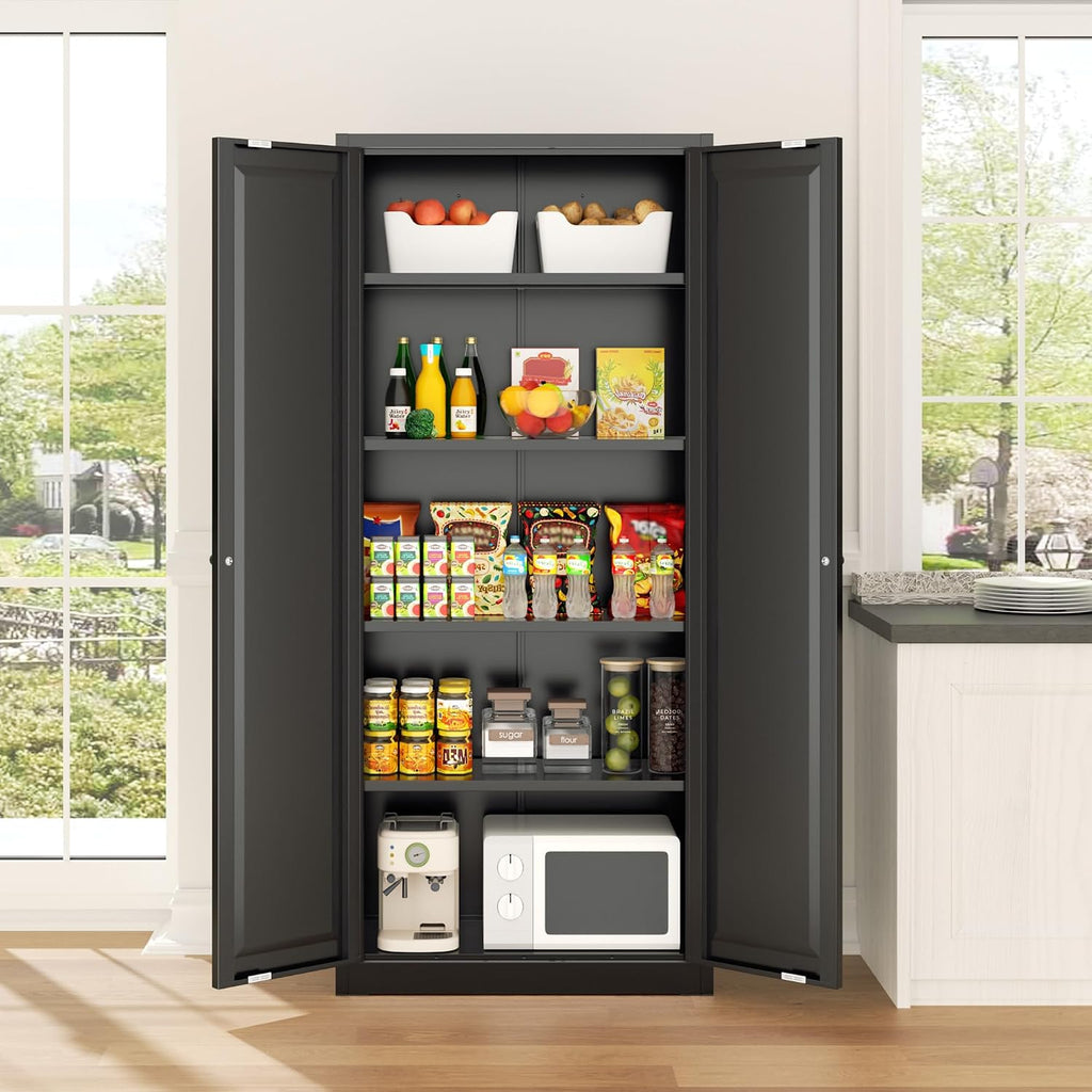 Greenvelly 63' H Black Metal Pantry Storage Cabinet, Locking Metal Cabinet with 4 Adjustable Shelves and 2 Doors for Kitchen, Home, Garage, Pantry