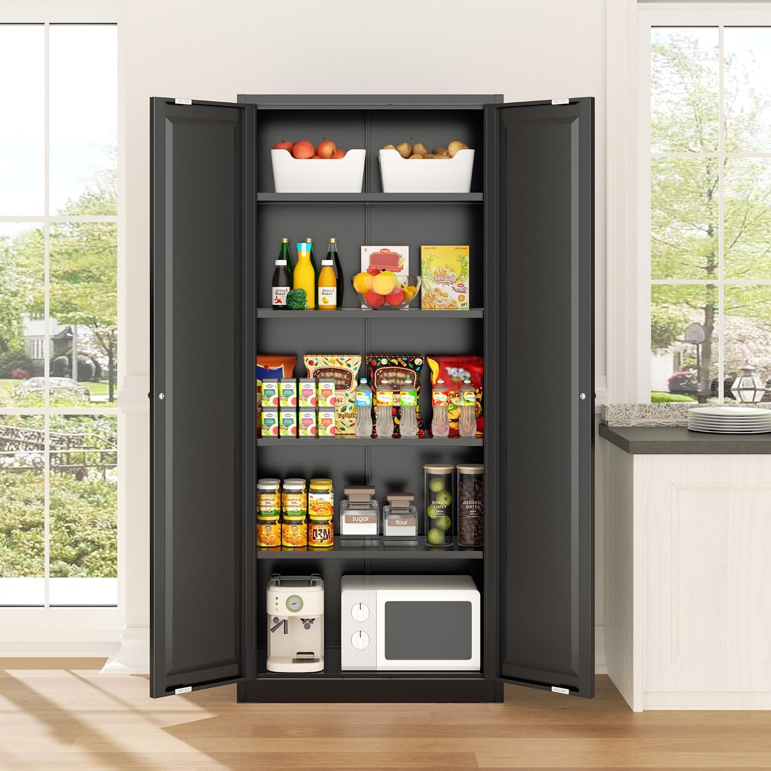 Greenvelly 63' H Black Metal Pantry Storage Cabinet, Locking Metal Cabinet with 4 Adjustable Shelves and 2 Doors for Kitchen, Home, Garage, Pantry