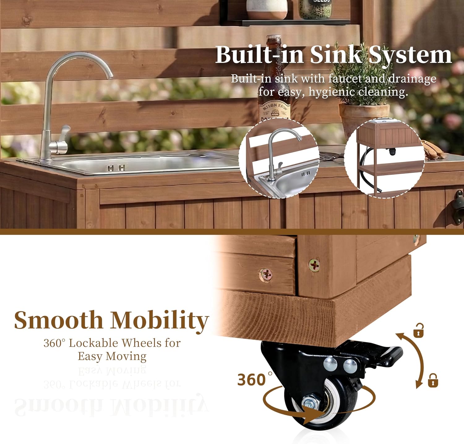 LUMISOL Outdoor Potting Bench Table with Sink and 2 Movable Shelves, Rolling Kitchen Cart with Stainless Table Top, 41.7'' Large Solid Wood Garden Workstation with 1 Bottle Opener, Brown