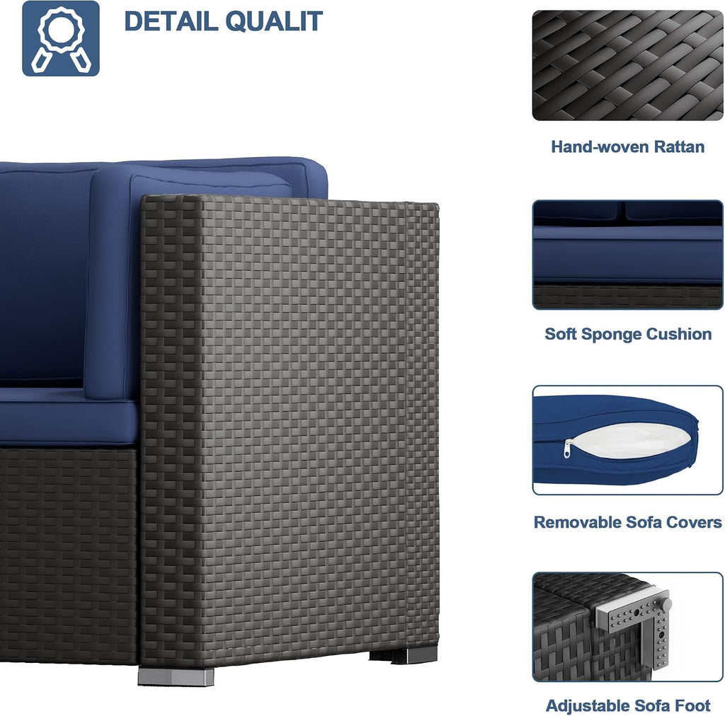 Oakcloud 5-Piece Outdoor Patio Furniture Sofa Set Black Rattan Wicker Sectional Conversation Sets with Glass Top Table and Cushions(Dark Blue)