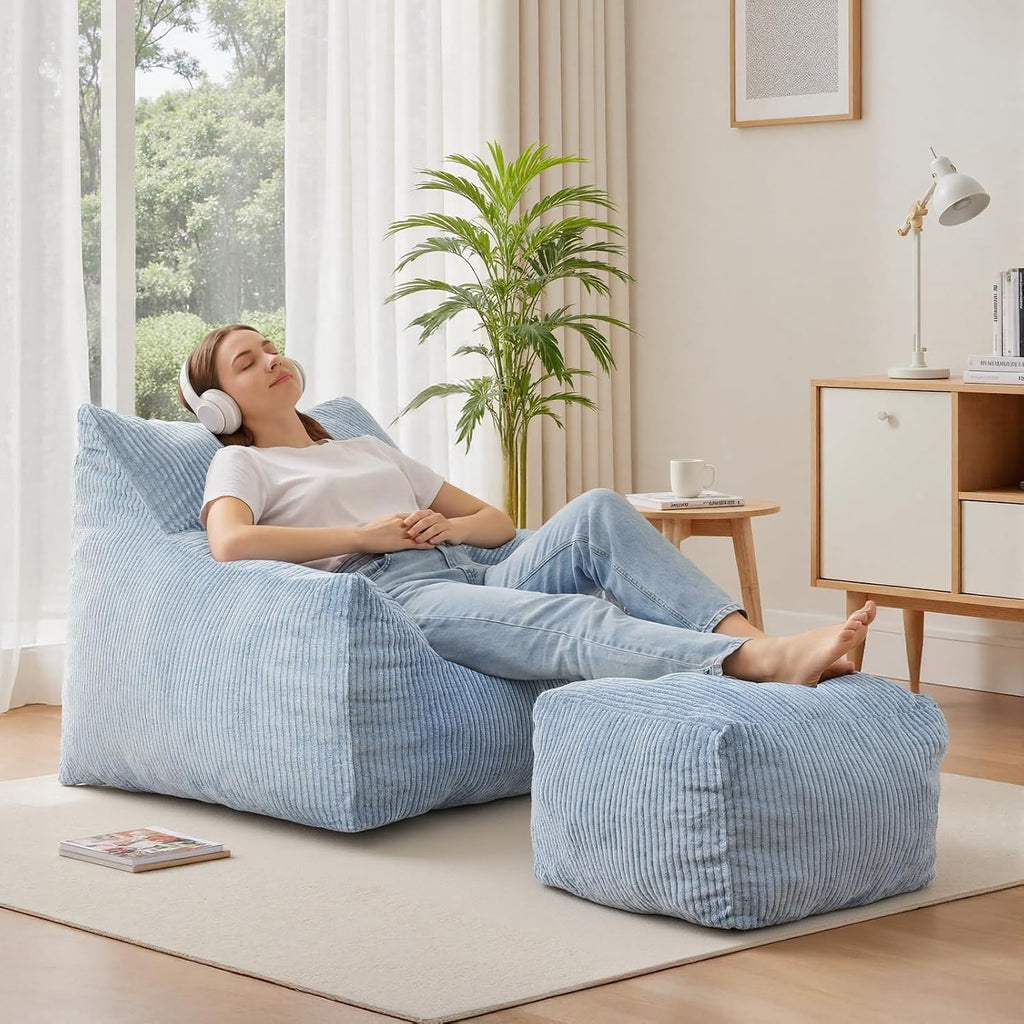 INMOZATA Bean Bag Chair with Ottoman, Cloud Boneless Couch - Oversized Memory Foam Beanbag Set for Adults & Teens, 3FT Plush Corduroy Comfy Lounge Sofa for Bedroom, Dorm & Reading Nook (Light Blue)