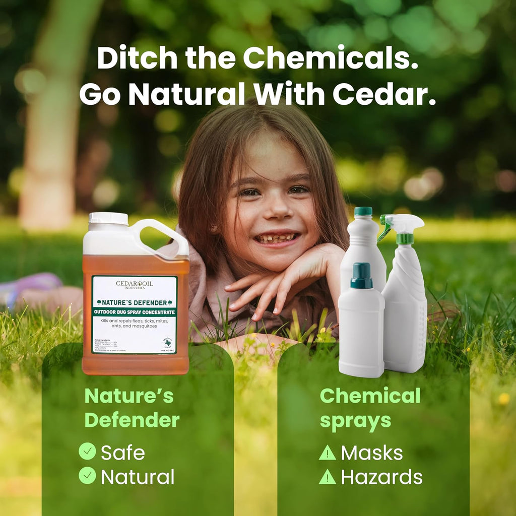 Nature's Defender Outdoor Pest Control Spray – All-Natural Cedarwood Oil Formula for Mosquitoes, Ticks, Fleas, and Ants – Safe for Pets, Kids, & Plants – 128 oz (1Gal) Concentrate Treats 160,000 sq.ft
