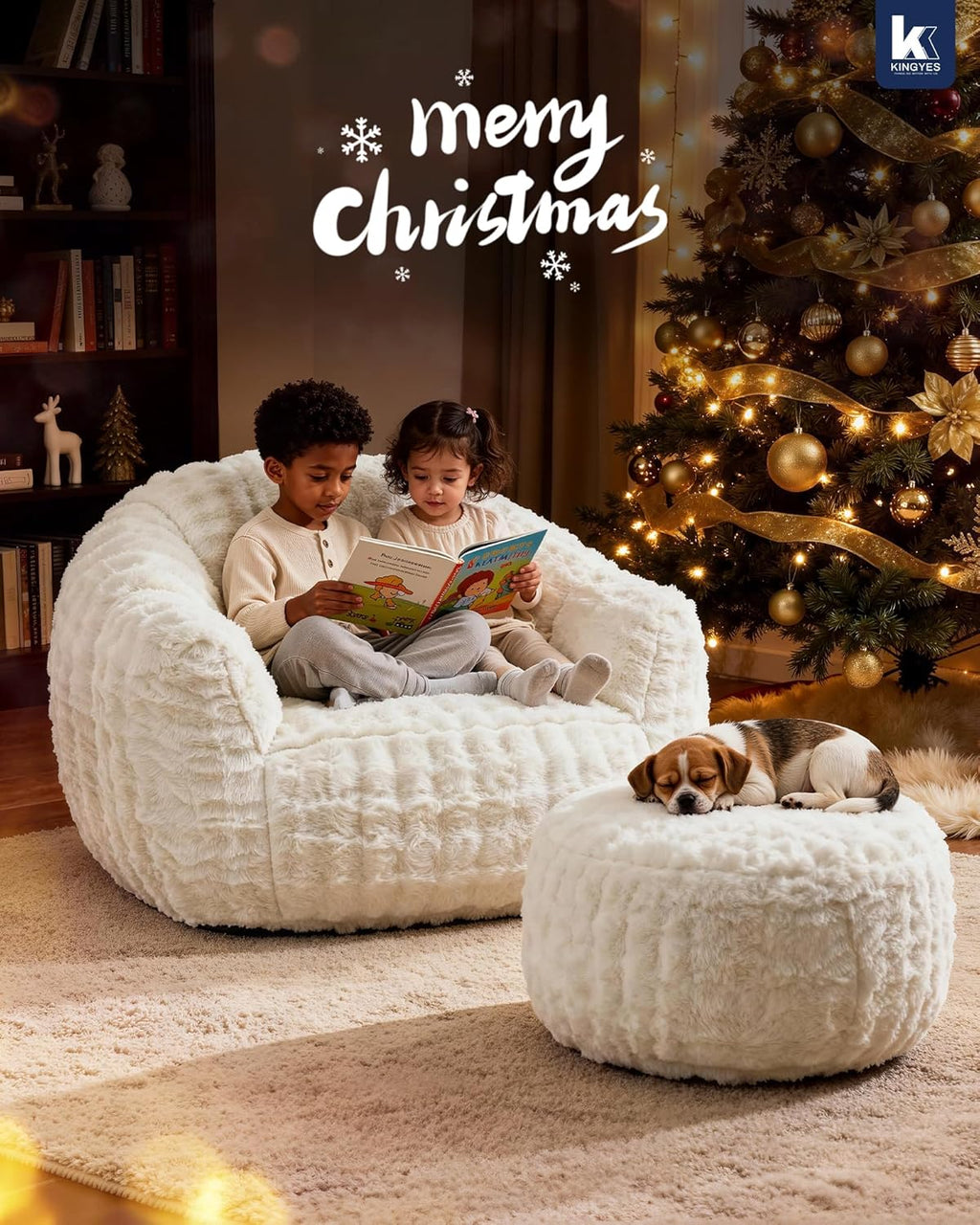 KINGYES Giant Bean Bag Chair with Ottoman, 3 in 1 Bean Bag Couch with Memory Foam Filler,Gaming Chair for Adults, Bean Bag for Kids & Teen, Beige