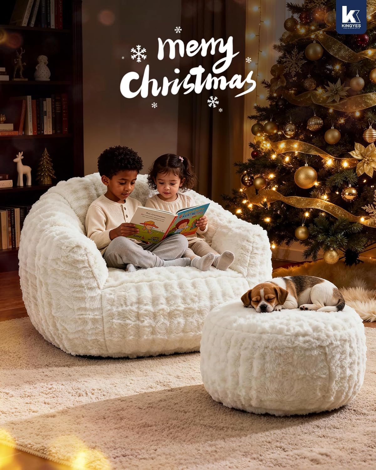 KINGYES Giant Bean Bag Chair with Ottoman, 3 in 1 Bean Bag Couch with Memory Foam Filler,Gaming Chair for Adults, Bean Bag for Kids & Teen, Beige