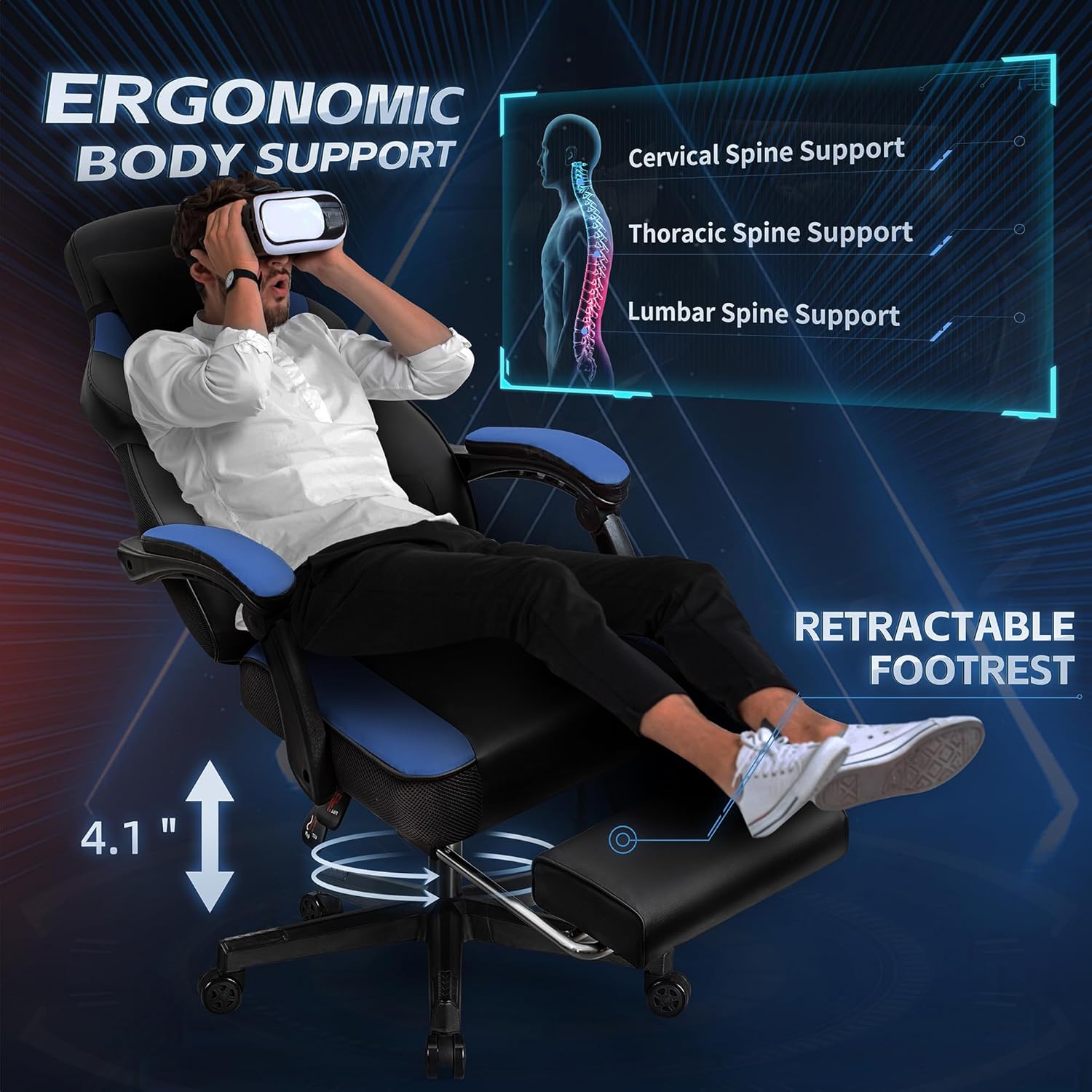 SUNLEI Gaming Chair for Adults, Ergonomic PU Leather Office Chair with Headrest & Footrest, Video Game Chairs with Massage Lumbar Support, Height Adjustable Computer Chair with 360° Swivel, Blue