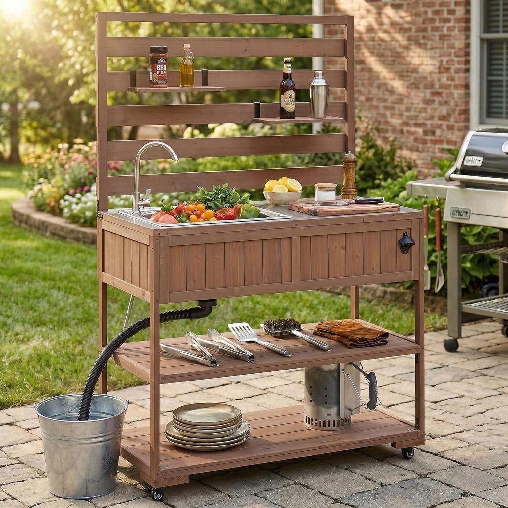 LUMISOL Outdoor Potting Bench Table with Sink and 2 Movable Shelves, Rolling Kitchen Cart with Stainless Table Top, 41.7'' Large Solid Wood Garden Workstation with 1 Bottle Opener, Brown