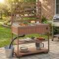 LUMISOL Outdoor Potting Bench Table with Sink and 2 Movable Shelves, Rolling Kitchen Cart with Stainless Table Top, 41.7'' Large Solid Wood Garden Workstation with 1 Bottle Opener, Brown