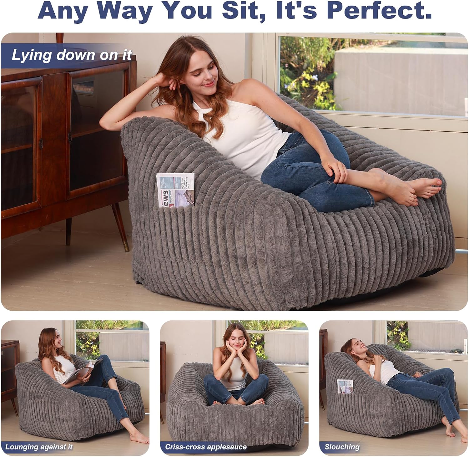 Bean Bag Chair with Memory Foam Filling- Large Stuffable Soft Giant Beanbag Reading Chair, Adults Lounge Gaming Lazy Sofa Bed for Living Room Bedroom- Grey, Stripe Fur