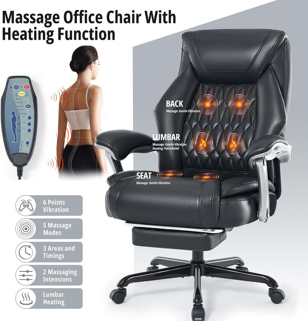 Massage Office Chair with Heat & Footrest, Ergonomic Reclining Executive Desk Chairs with 6-Point Vibration, PU Leather Computer Chair for Home Office or Gaming