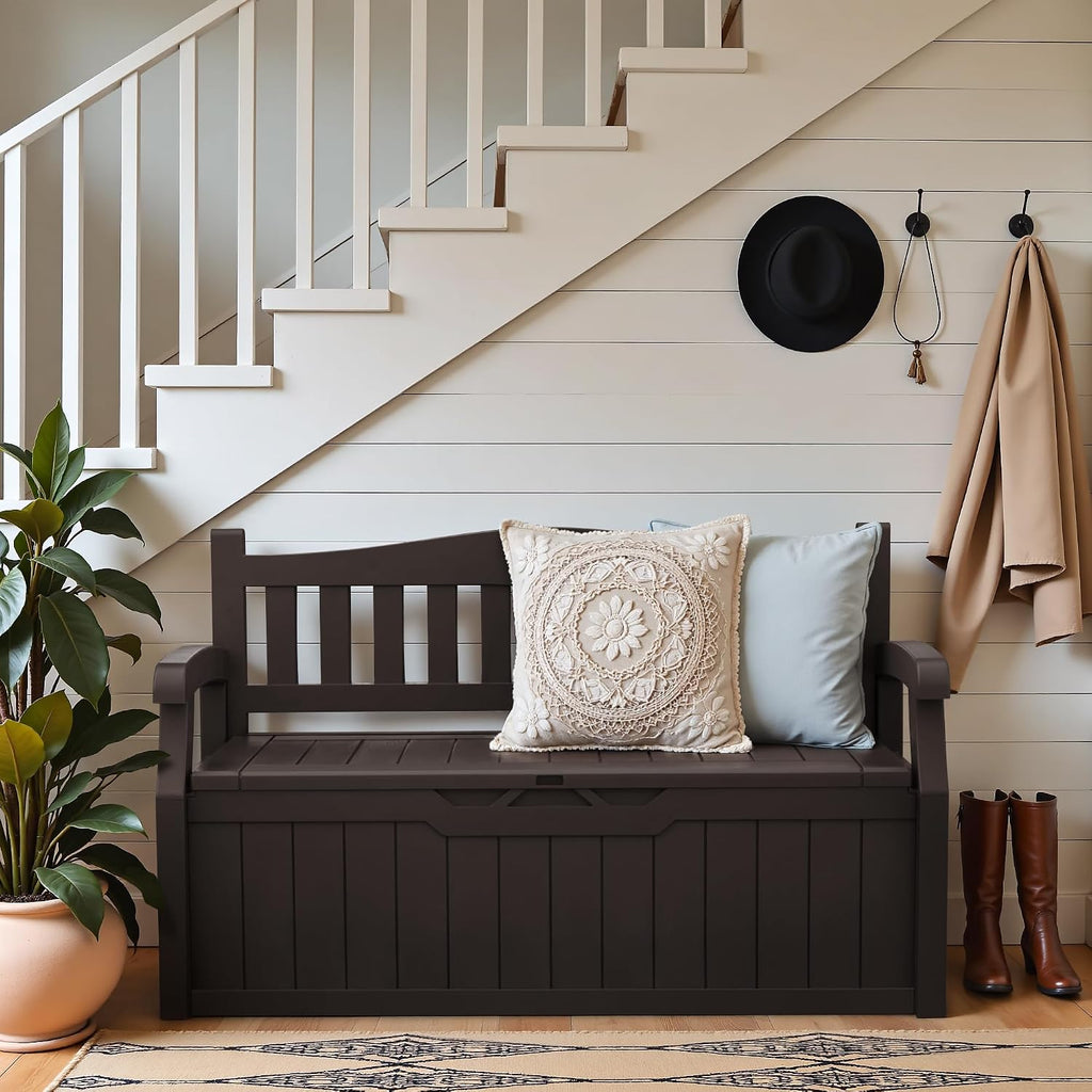 Greesum 80 Gallon Outdoor Storage Bench, Resin Patio Furniture with Armrest,Waterproof and UV-Resistant, Perfect to Garden, Poolside and Lawn, Dark Brown