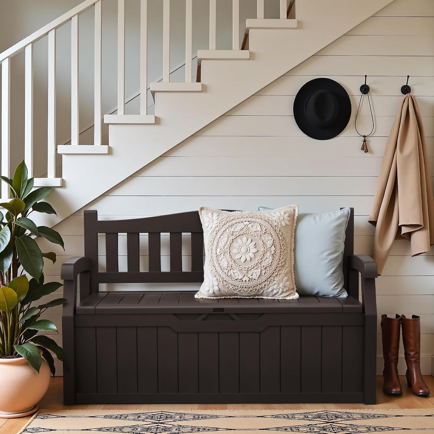 Greesum 80 Gallon Outdoor Storage Bench, Resin Patio Furniture with Armrest,Waterproof and UV-Resistant, Perfect to Garden, Poolside and Lawn, Dark Brown