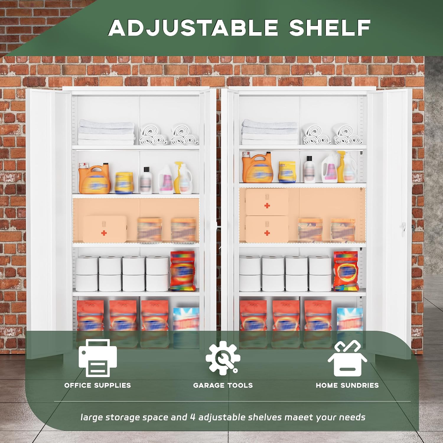 Greenvelly Metal Storage Cabinet, 72' Locking Metal Garage Storage Cabinet with Doors and 4 Adjustable Shelves, Lockable Steel Cabinets for Home Office, Garage, Shop, School (White 36' W x 18' D)