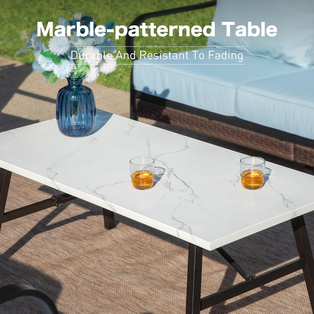 SUNSHINE VALLEY 4 PCS Metal Outdoor Patio Furniture Set, Patio Conversation Sets 1 3-Seater Sofa, 2 Rocking Chairs with 5.75' Extra Thick Cushion & Coffee Table, Black Frame Backyard Furniture, Blue