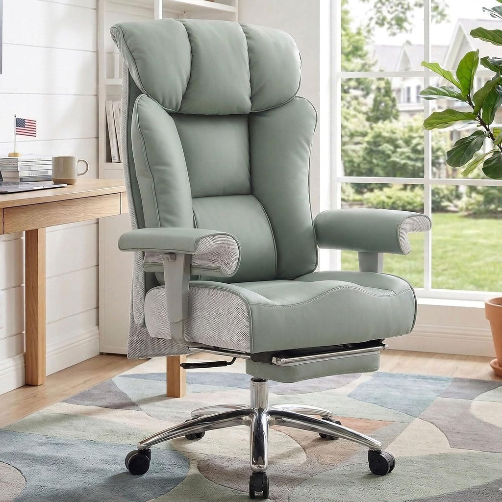 Efomao Big and Tall Office Chair 400lbs - Heavy Duty Executive Desk Chair with Foot Rest & 23' Wide Seat - High Back Ergonomic Leather Computer Chair for Heavy People, Home Office, Green