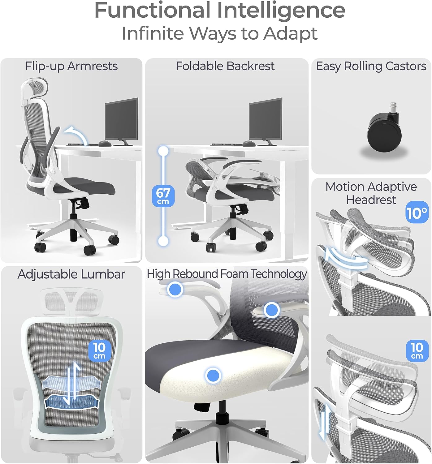 Tervo Model U | Folding Office Chair for Small Spaces | Ergonomic Design with High Rebound Mesh | Computer Desk Chair for Gaming | For Adults & Kids | Foldable & Compact with Flip Up Arms