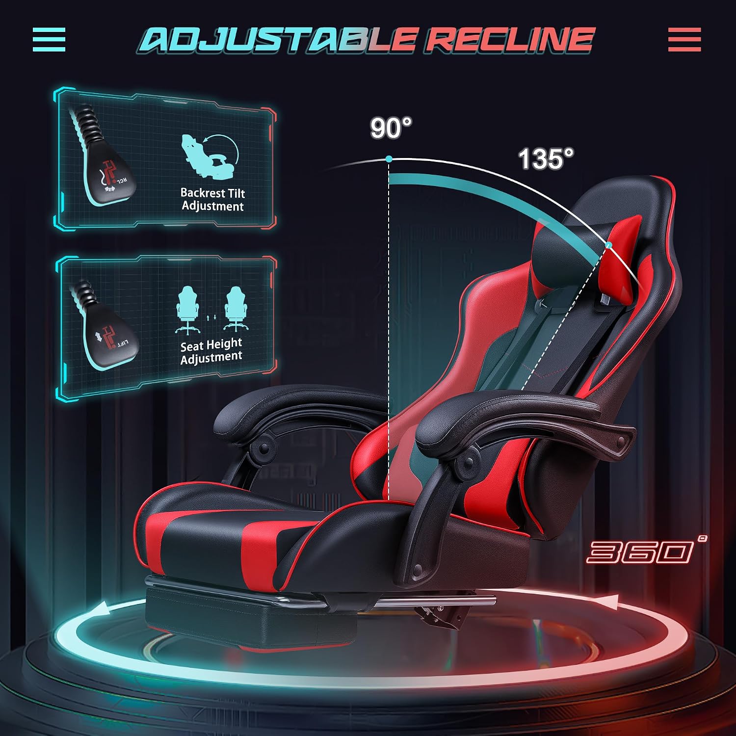 JUMMICO Gaming Chair Ergonomic Computer Chair with Footrest and Massage Lumbar Support, Height Adjustable Video Gaming Chair with 360° Swivel Seat and Headrest (Red)