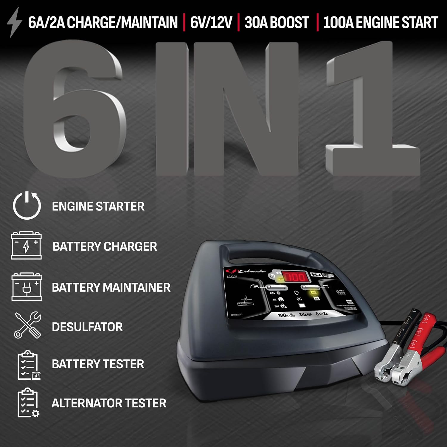 Schumacher Electric 6A Car Battery Charger and 100A Engine Starter, 6-in-1 Solution, Maintainer, 30A Boost, for 6V/12V Power Sport, Automotive, and Marine Batteries, SC1308