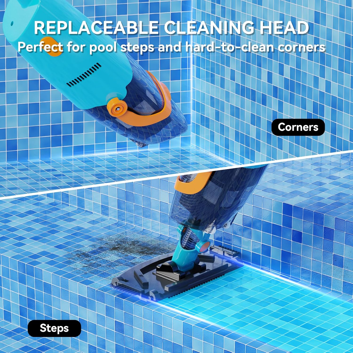 LVKE L2 Cordless Handheld Pool Vacuum for Above Ground Pool with Telescopic Pole, 30W Strong Suction, 1H Runtime, High-Efficiency Screen & Fine Sponge Trap Leaves & Grit Ideal for Pool Cleaning, Blue