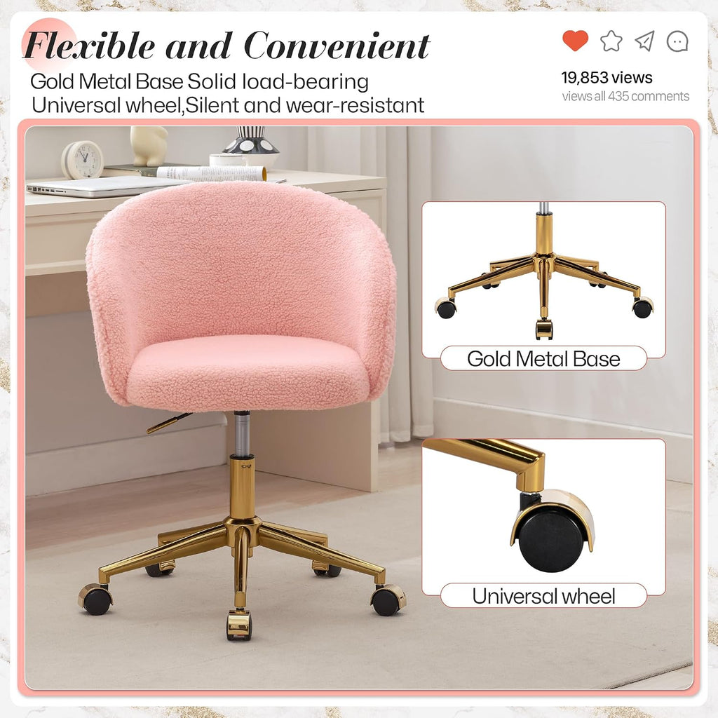 KCC Faux Fur Office Desk Chair, Comfy Fluffy Swivel Modern Leisure Armchair with Wheels, Upholstered Comfy Fuzzy Vanity Makeup Chair Height Adjustable for Teens Women Girls Elegant Home Office(Pink)