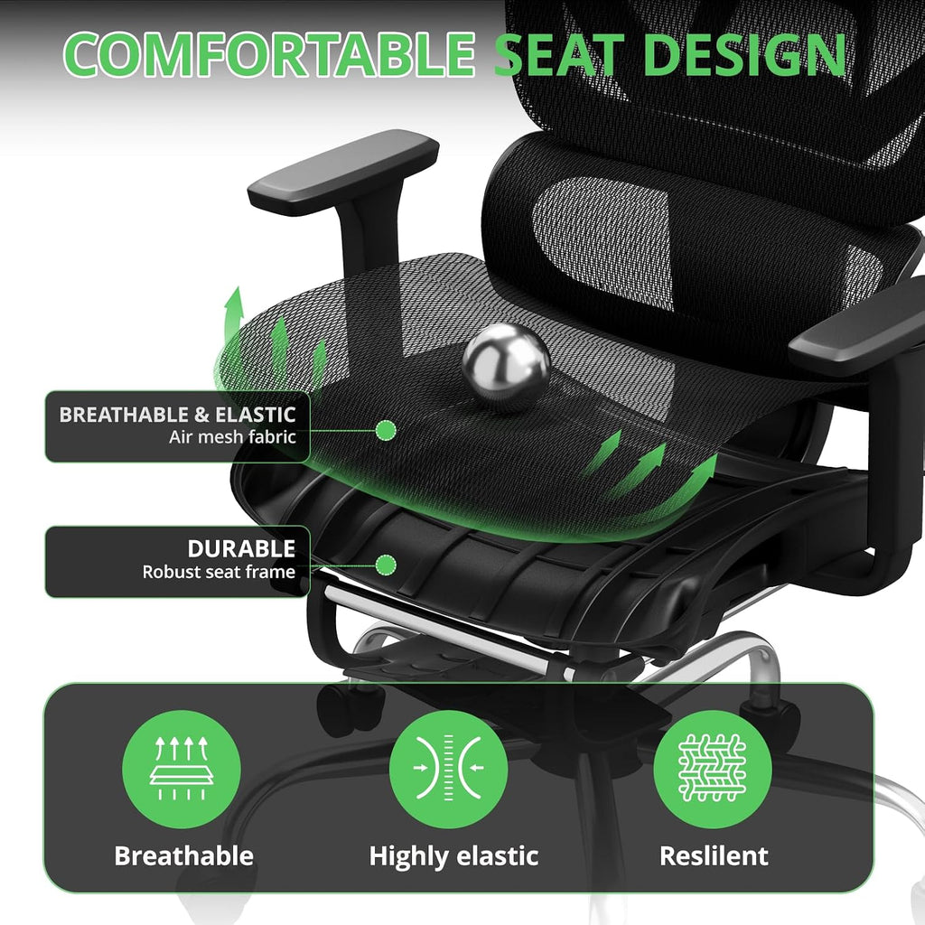 Synorla Ergonomic Office Chair with Footrest, Mesh Desk Chair with 135° Recline, Adjustable Lumbar Support, 3D Armrests and Headrest, Swivel Computer Chair for Home Office