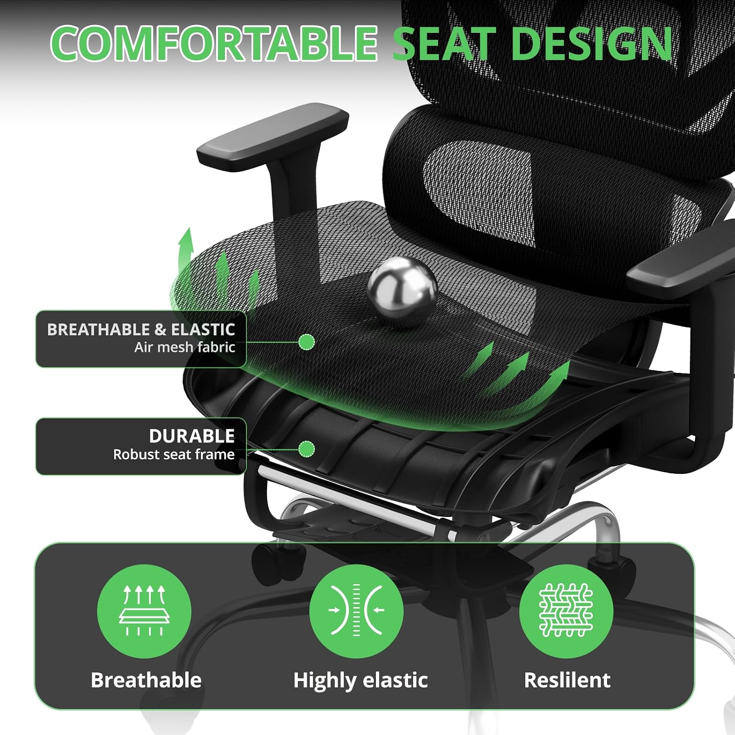 Synorla Ergonomic Office Chair with Footrest, Mesh Desk Chair with 135° Recline, Adjustable Lumbar Support, 3D Armrests and Headrest, Swivel Computer Chair for Home Office