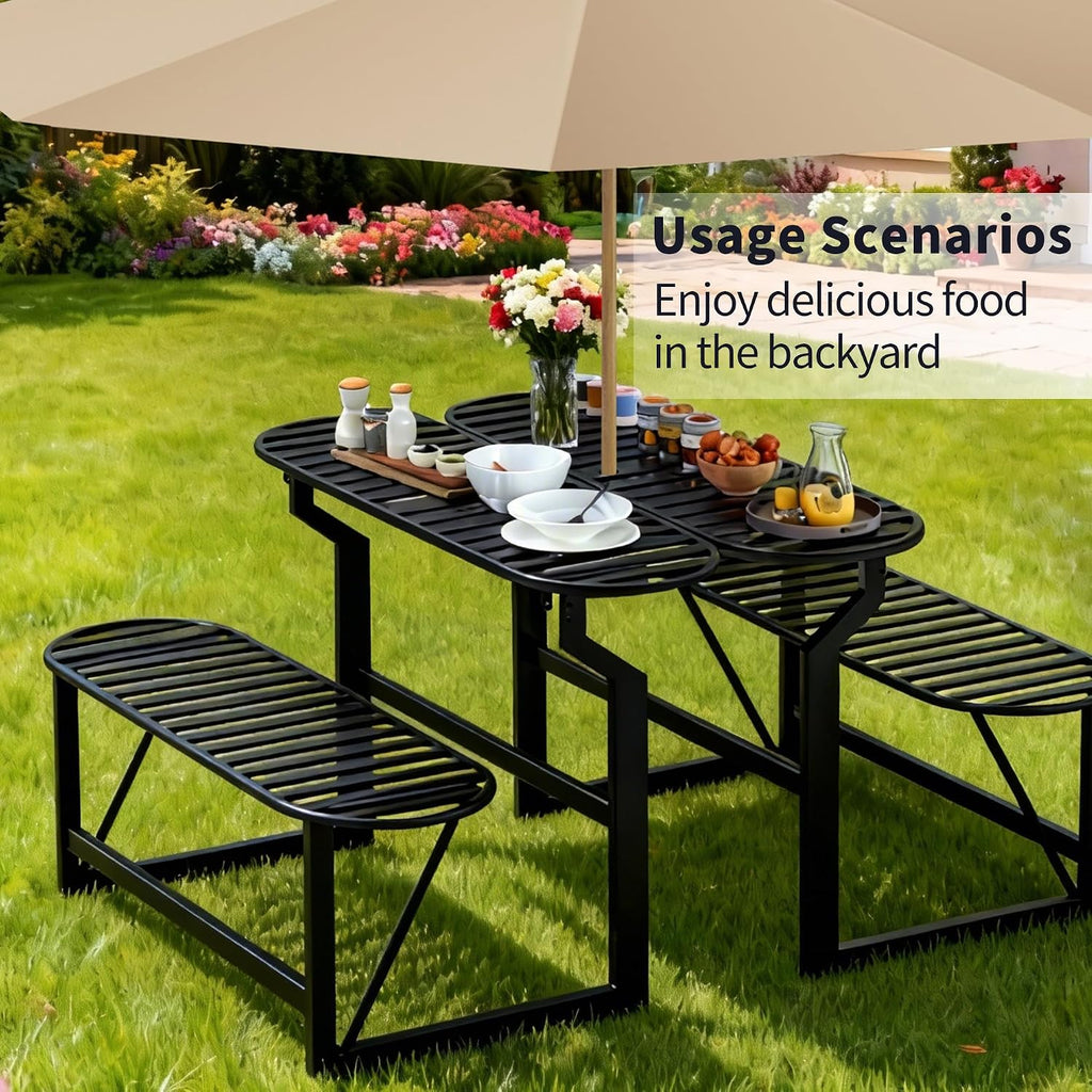 Convertible Bench, 2 in 1 Carbon Steel Picnic Table, Transforming Interchangeable Outdoor Table with Umbrella Hole, for Outside Patio Porch Backyard Park Garden 2 Pack Black Bench