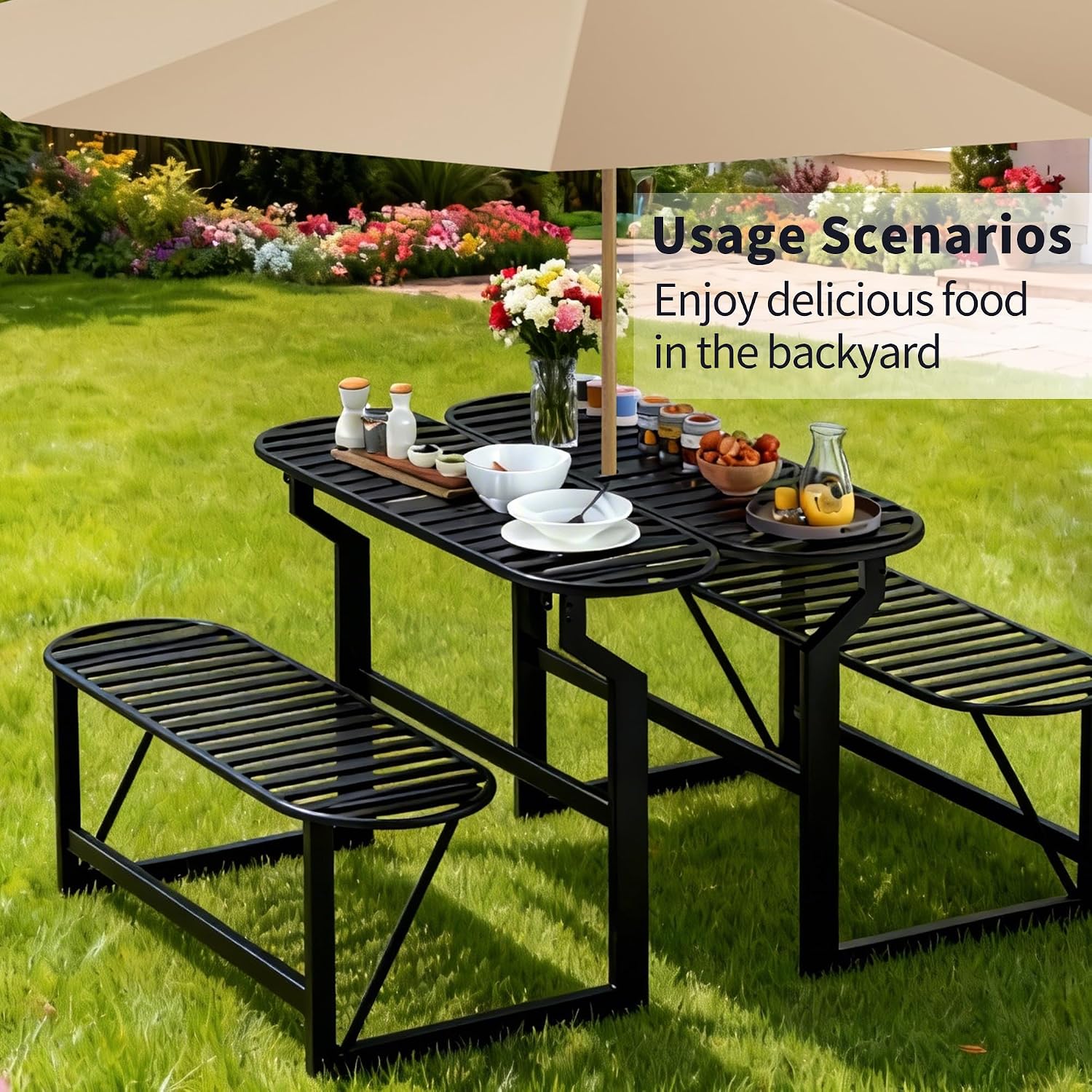 Convertible Bench, 2 in 1 Carbon Steel Picnic Table, Transforming Interchangeable Outdoor Table with Umbrella Hole, for Outside Patio Porch Backyard Park Garden 2 Pack Black Bench