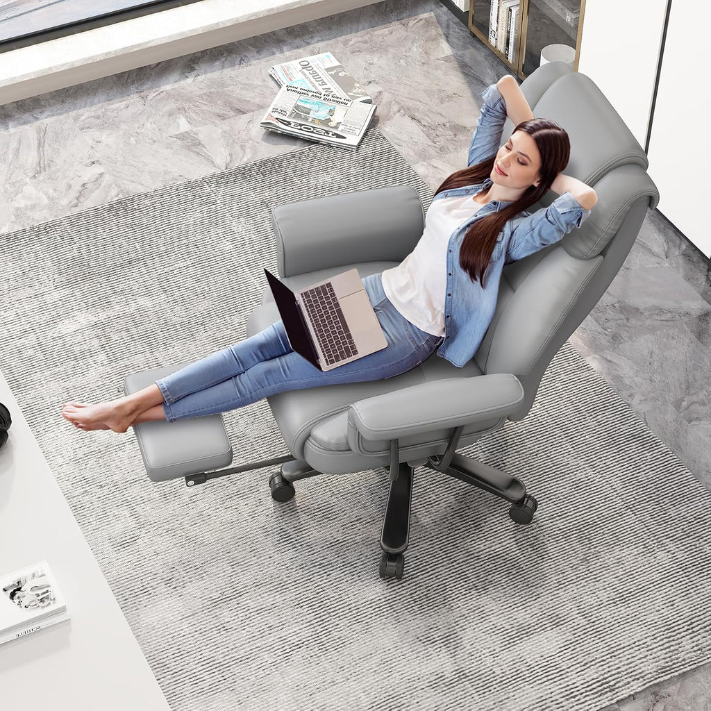 GYI Criss Cross Chair with Wheels, 160°Big and Tall Reclining Office Desk Chair with High Back, Wide Seat, Arms, Footrest, Grey
