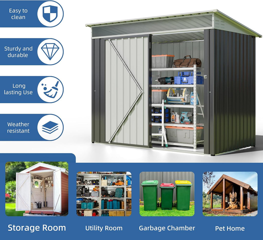 JY QAQA 6x4 FT Metal Outdoor Garden Storage Shed,Waterproof Metal Garden Sheds with Window and Lockable Double Door,Weather Resistant Steel Tool Storage House Shed for,Garden,Patio,Lawn, Dark Grey