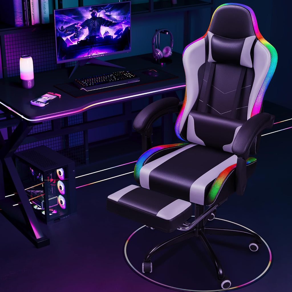 Shahoo Gaming Chair with LED Lights, Footrest and Massage Lumbar Support, Ergonomic Computer Seat Height Adjustable with 360°Swivel and Headrest, White with RGB