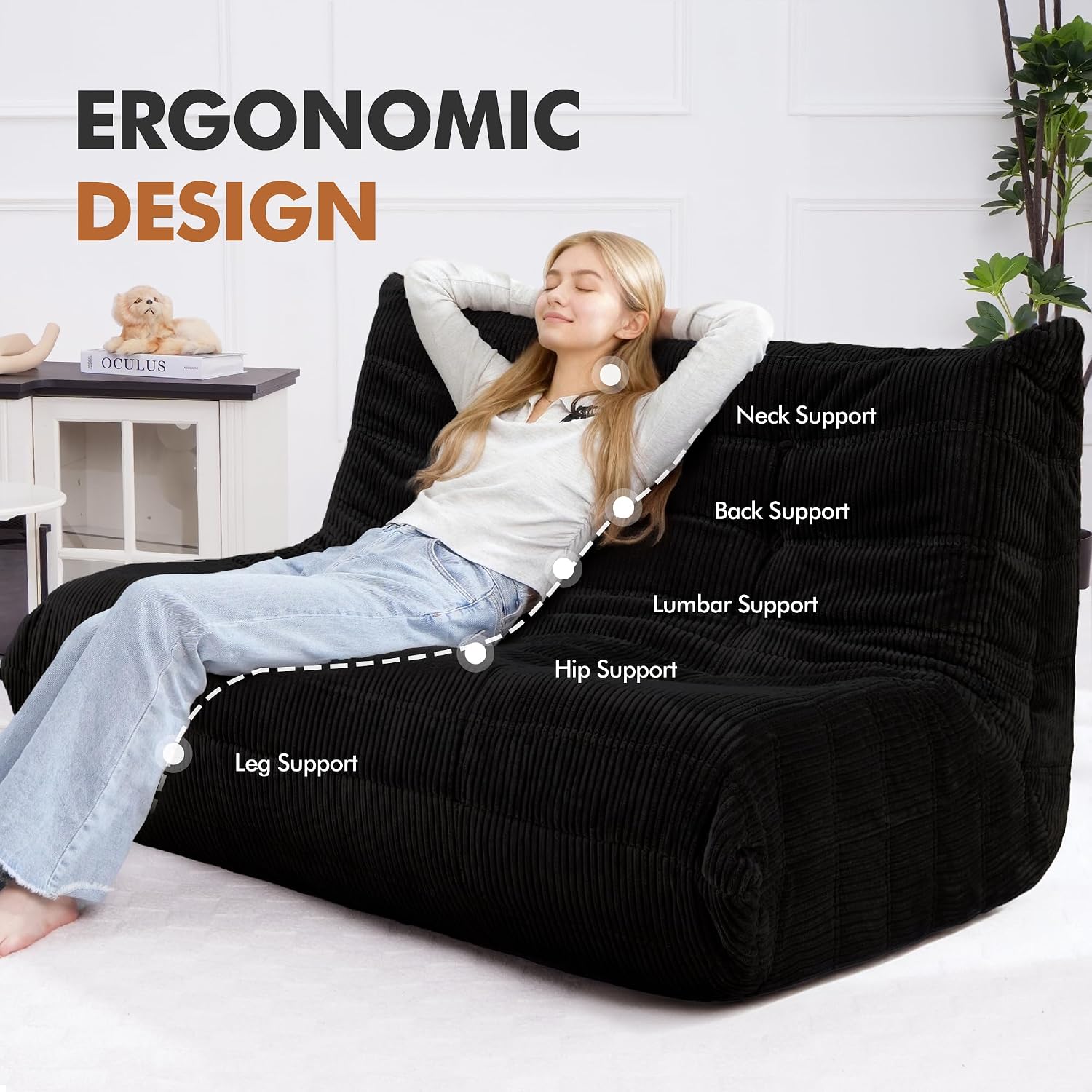 Bean Bag Chair,Giant Beanbag Chairs for Adults,Comfy Large Fireside Chair Lazy Sofa,Corduroy Bean Bag Lounger with Memory Foam Filled,Floor Sofa Couch for Home,Living Room (Black, Loveseat)
