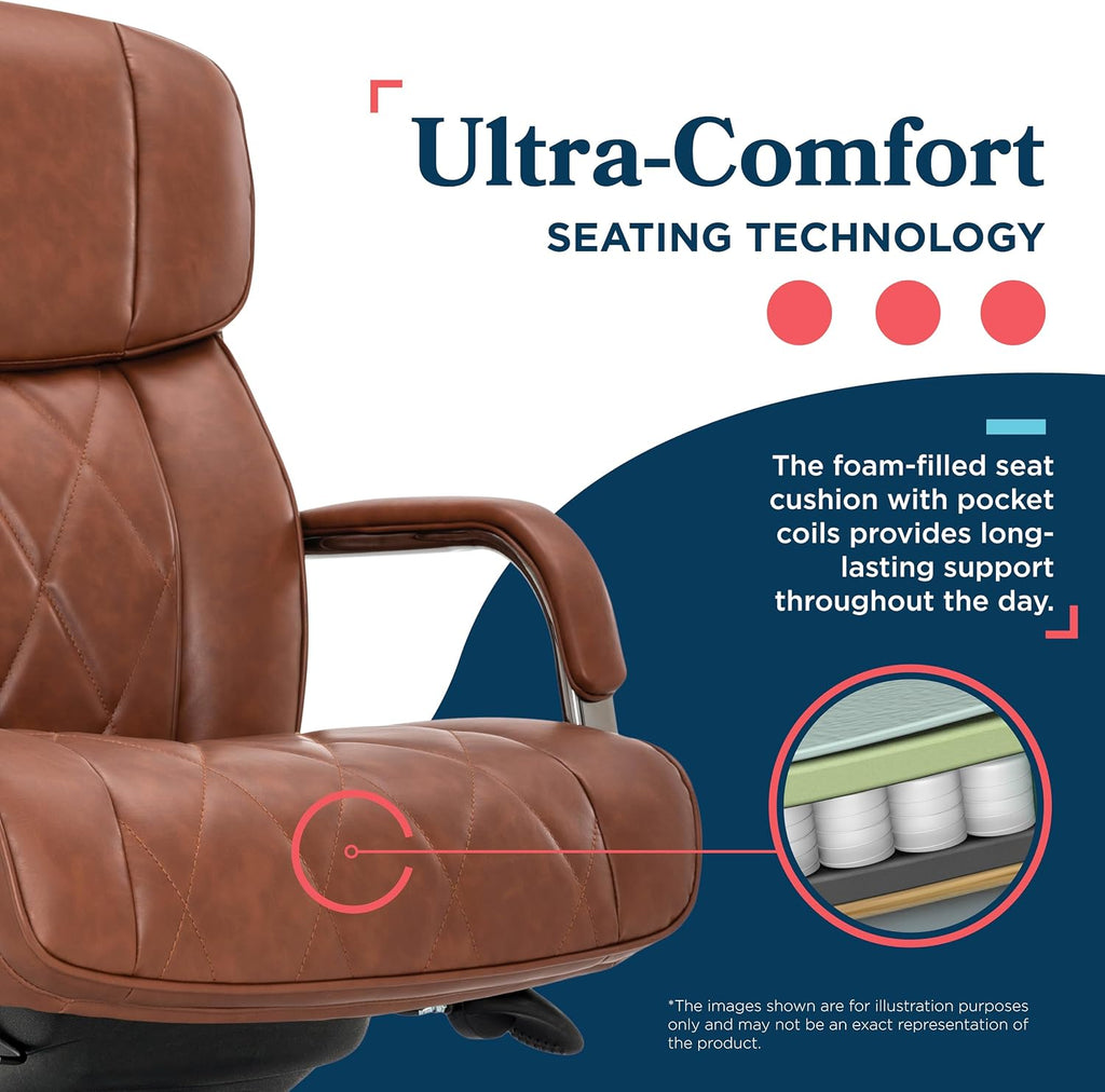La-Z-Boy Symphony Executive Mid-Back Office Chair, Diamond Quilt Seat and Back, Pocket Coil Cushion, Padded Armrests, Ergonomic Computer DeskChair, Swivel Metal Base, Bonded Leather, Cognac/Graphite