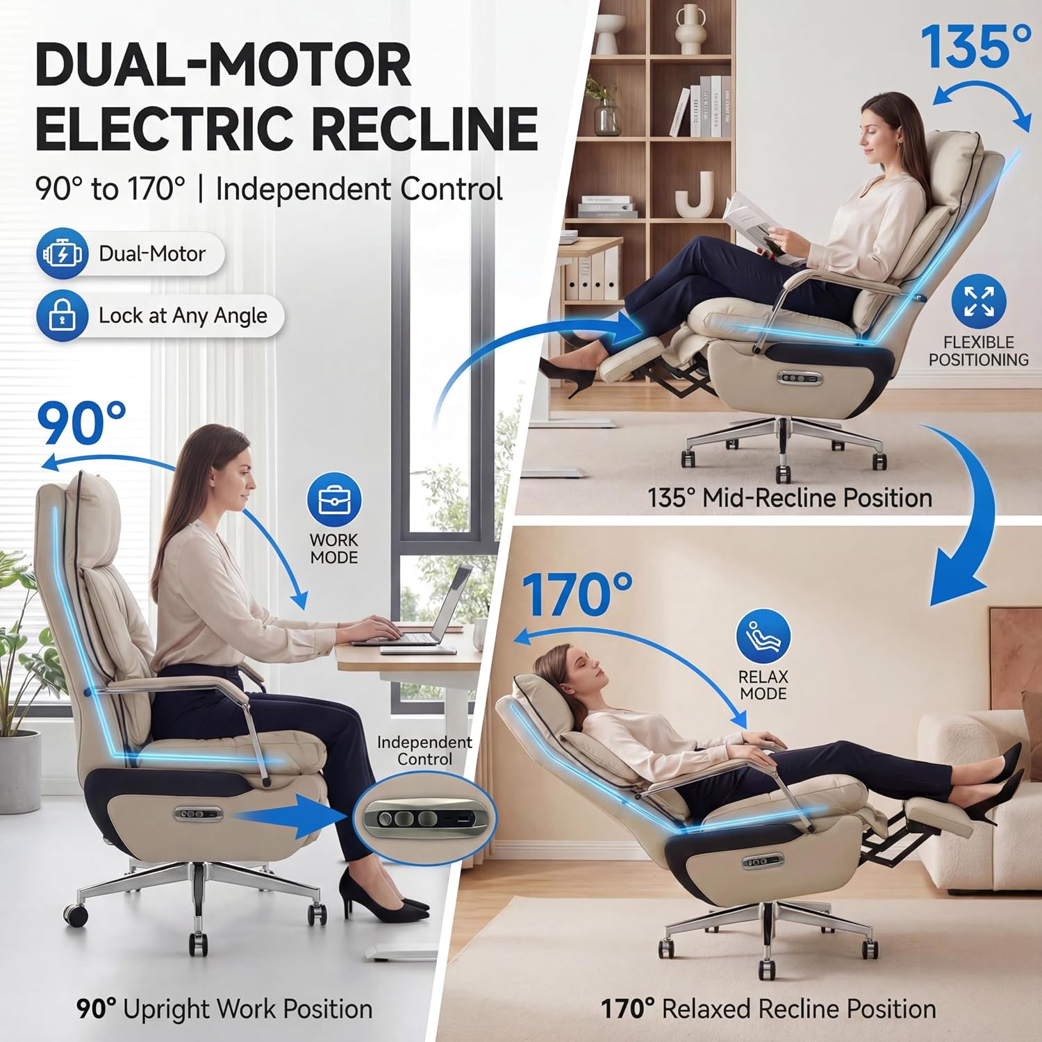 Dual Motor Executive Reclining Office Chair with Footrest – One-Click Electric Recline, Massage Lumbar Support & Pillow, Big and Tall PU Leather Ergonomic Desk Chair for Home Office/Gaming(White)