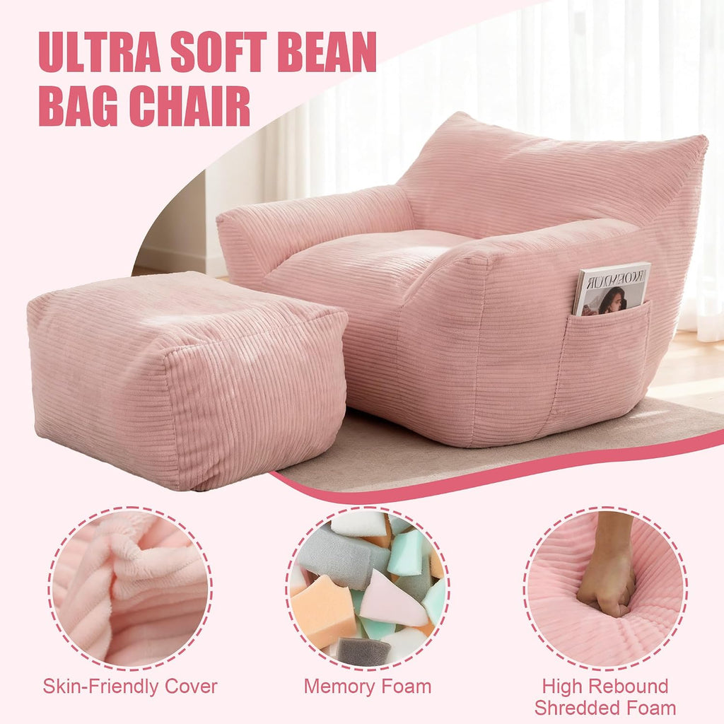 Giant Bean Bag Chair with Ottoman, Comfy Bean Bag Couch with 2 Side Pocket, Corduroy Boneless Couch Chair in a Box, Stuffed Lounge Floor Sofa for Dorm, Bedroom, Living Room, Pink