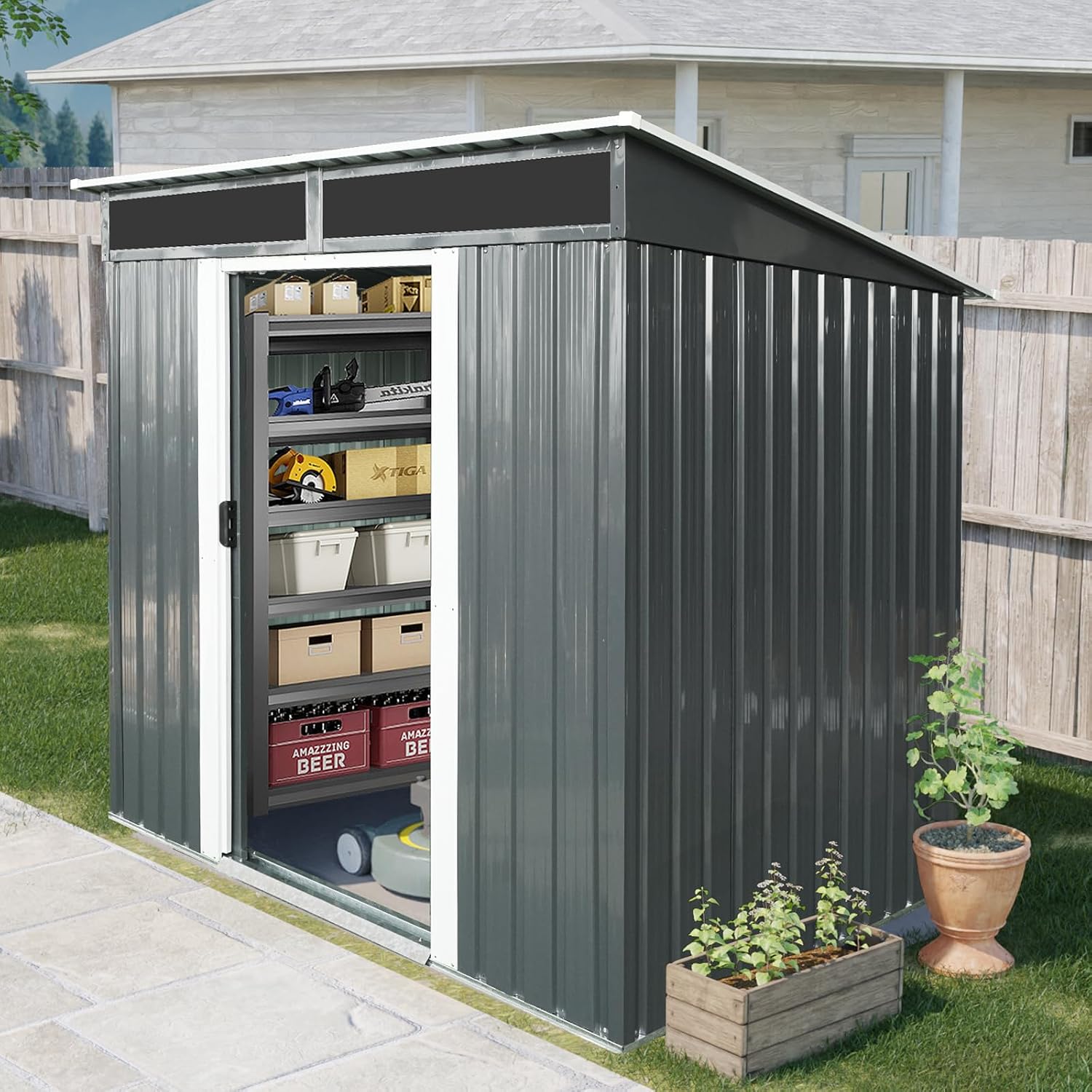 JT 6X4.5FT Outdoor Storage Shed, Galvanized Metal Garden Shed with Window and Metal Foundation, Tool Storage Shed for Patio Lawn Backyard (Black-6ft x 4.5ft)