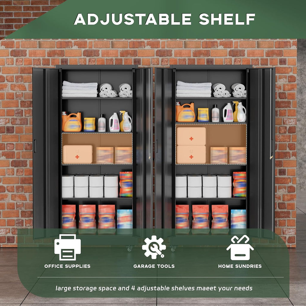 Greenvelly Metal Storage Cabinet with Wheels, 73' Black Lockable Rolling Storage Cabinets with Doors and 4 Adjustable Shelves, Large Steel Cabinet for Garage, Office, Home, School