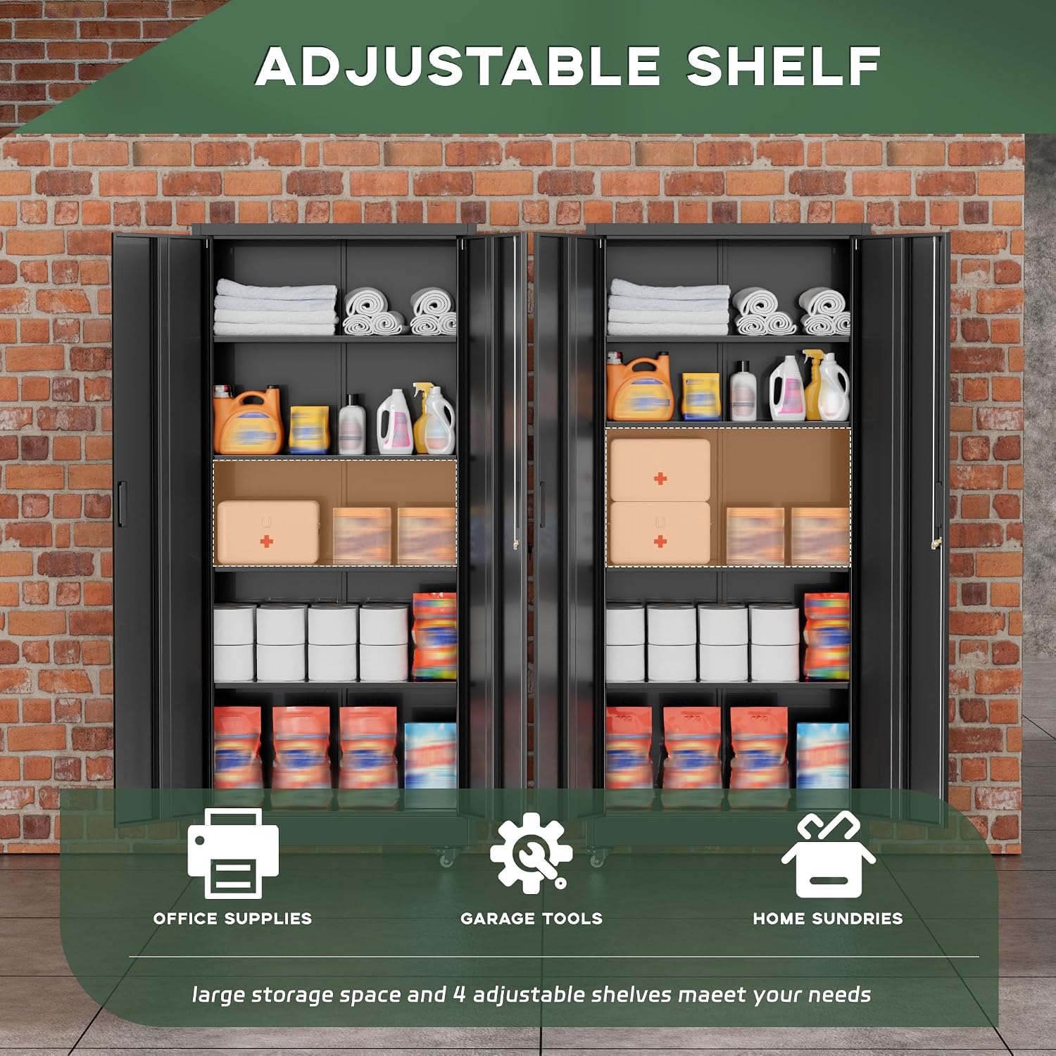 Greenvelly Metal Storage Cabinet with Wheels, 73' Black Lockable Rolling Storage Cabinets with Doors and 4 Adjustable Shelves, Large Steel Cabinet for Garage, Office, Home, School