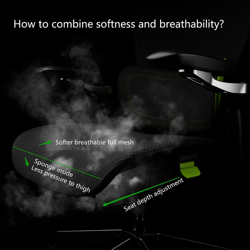 Ergonomic Office Chair, Mesh Home Office Desk Chair with Adaptive Lumbar Support, Gaming Chair with Headrest, 5D Armrest,90-130°Tilt, BIFMA Certified, Model Zen (Green)