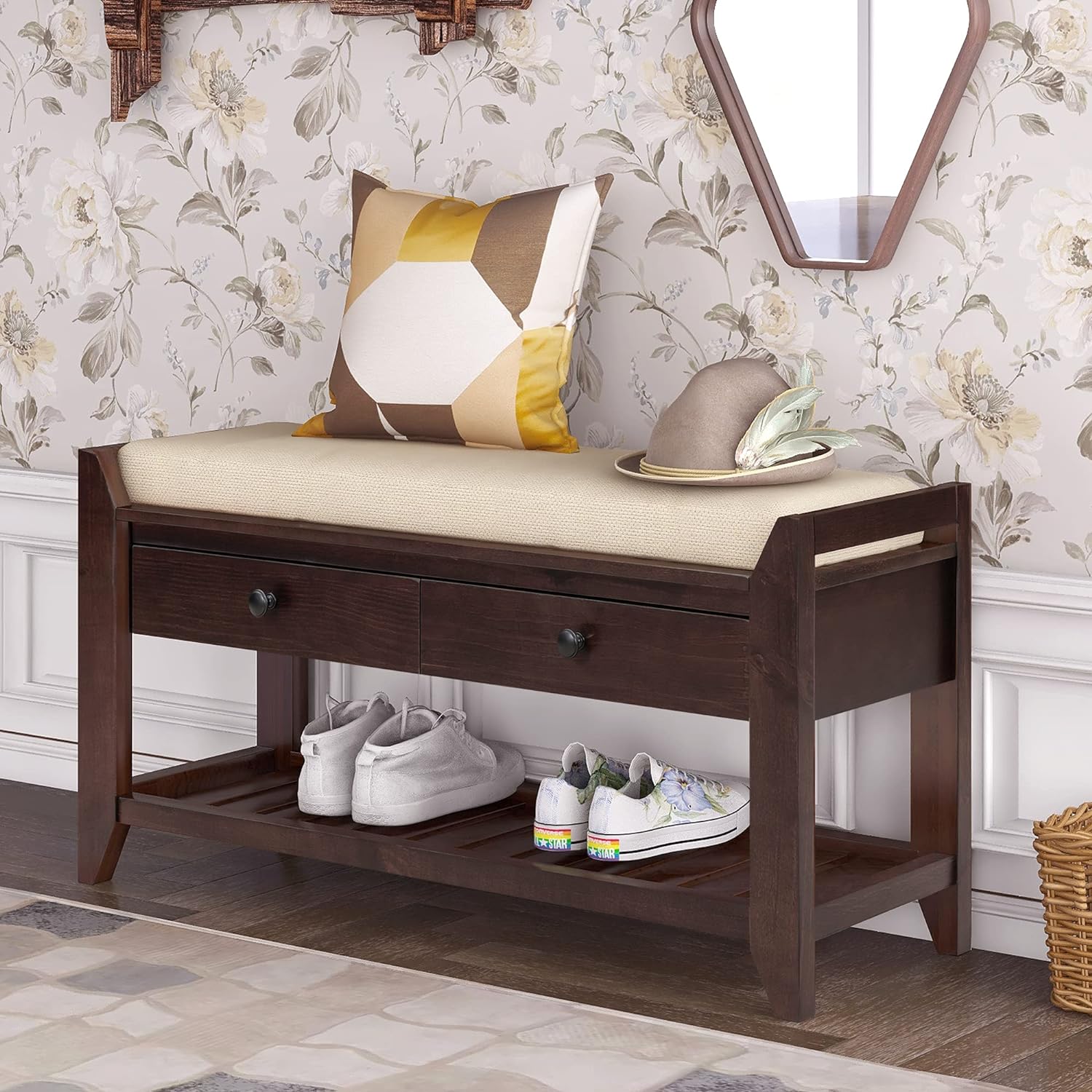 Harper & Bright Designs TREXM Shoe Rack with Cushioned Seat and Drawers, Multipurpose Entryway Storage Bench (Espresso)
