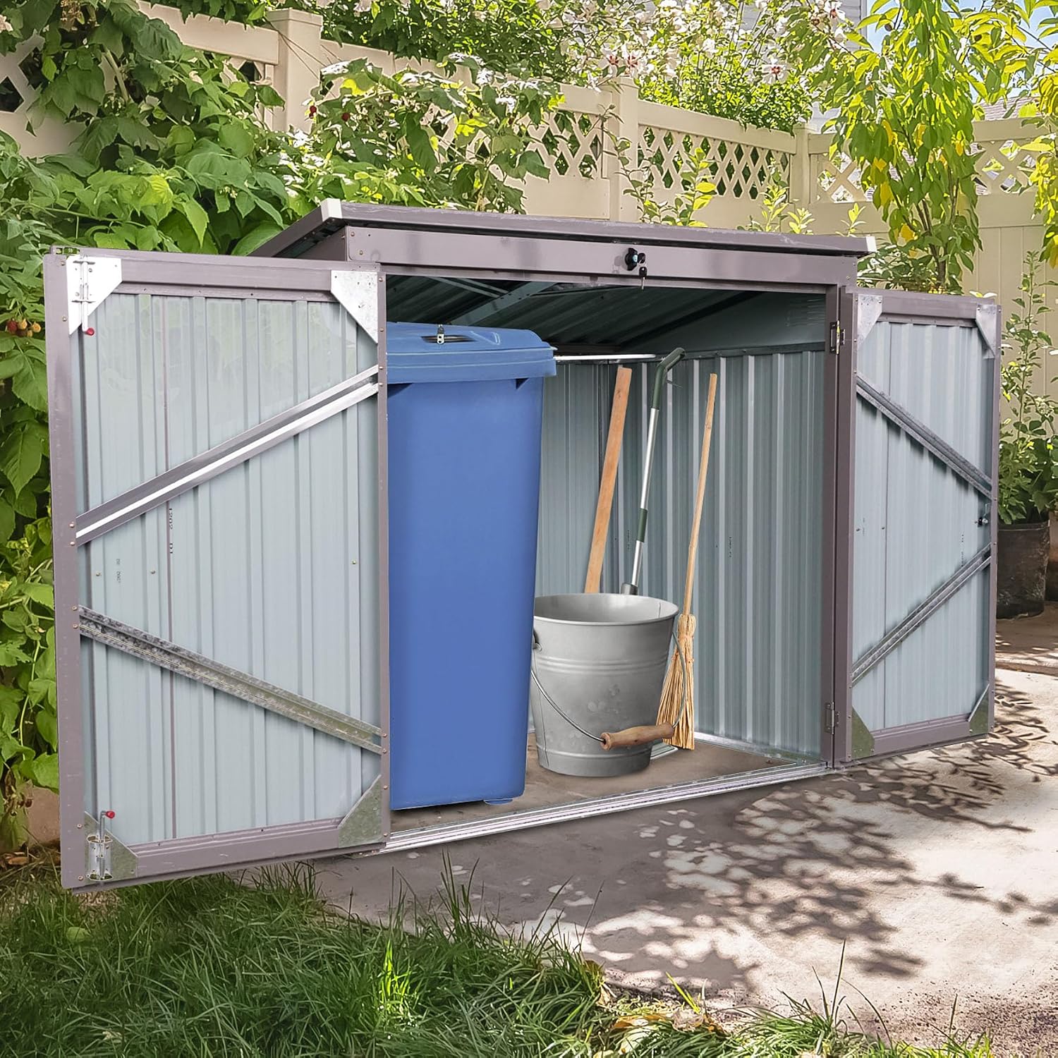 62' Grey Metal Outdoor Storage Shed with Sloped Roof, Lockable Tool Shed for Trash Cans, Garden Tools, Firewood, or Pet House, Waterproof, Galvanized Steel (Grey)