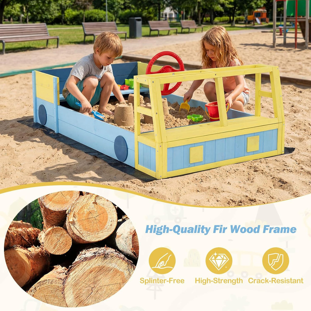Costzon Sandbox, Fir Wood Car-Theme Sand Pit with Bottom Liner, Rotatable Rudder & Bench Seat for Kids Aged 18+ Months, Outdoor Playset for Backyard, Beach and Patio (Blue, Yellow)