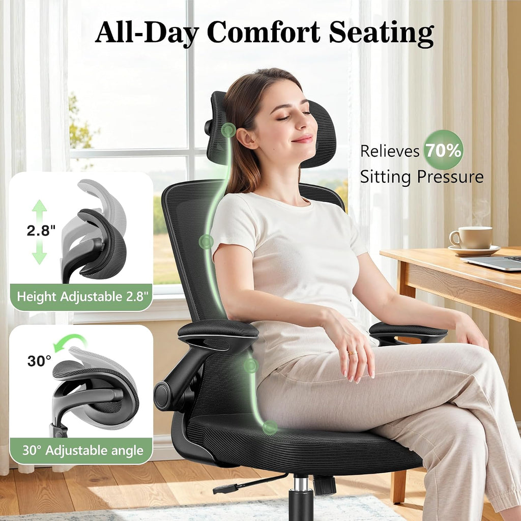 BESTFAIR Office Chair Ergonomic Desk Chair, Breathable Mesh Office Chairs with Adjustable Lumbar Support, Flip-Up Arms, Computer Desk Chair Comfy for Home Office, 2 Pack
