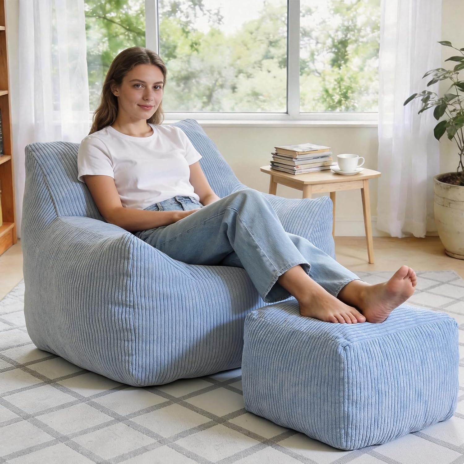INMOZATA Bean Bag Chair with Ottoman, Cloud Boneless Couch - Oversized Memory Foam Beanbag Set for Adults & Teens, 3FT Plush Corduroy Comfy Lounge Sofa for Bedroom, Dorm & Reading Nook (Light Blue)