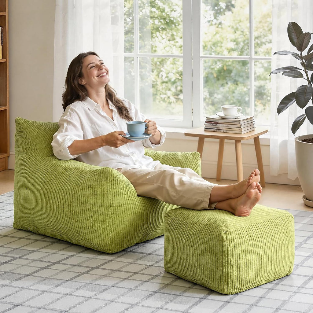 INMOZATA Bean Bag Chair, Beanbag Chair with Ottoman, Cloud Boneless Couch for Adults & Teens, Oversized Memory Foam Beanbag Set, Plush Corduroy Lounge Sofa Gift (Green)