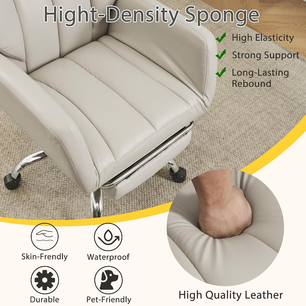 Ergonomic Cross Legged Office Chair with Footrest,Leather Big and Tall Executive Chair with Wheels,Reversible Armrest and Lumbar Pillow,155° Reclining Computer Wide Desk Chair for Home,Office (Beige)