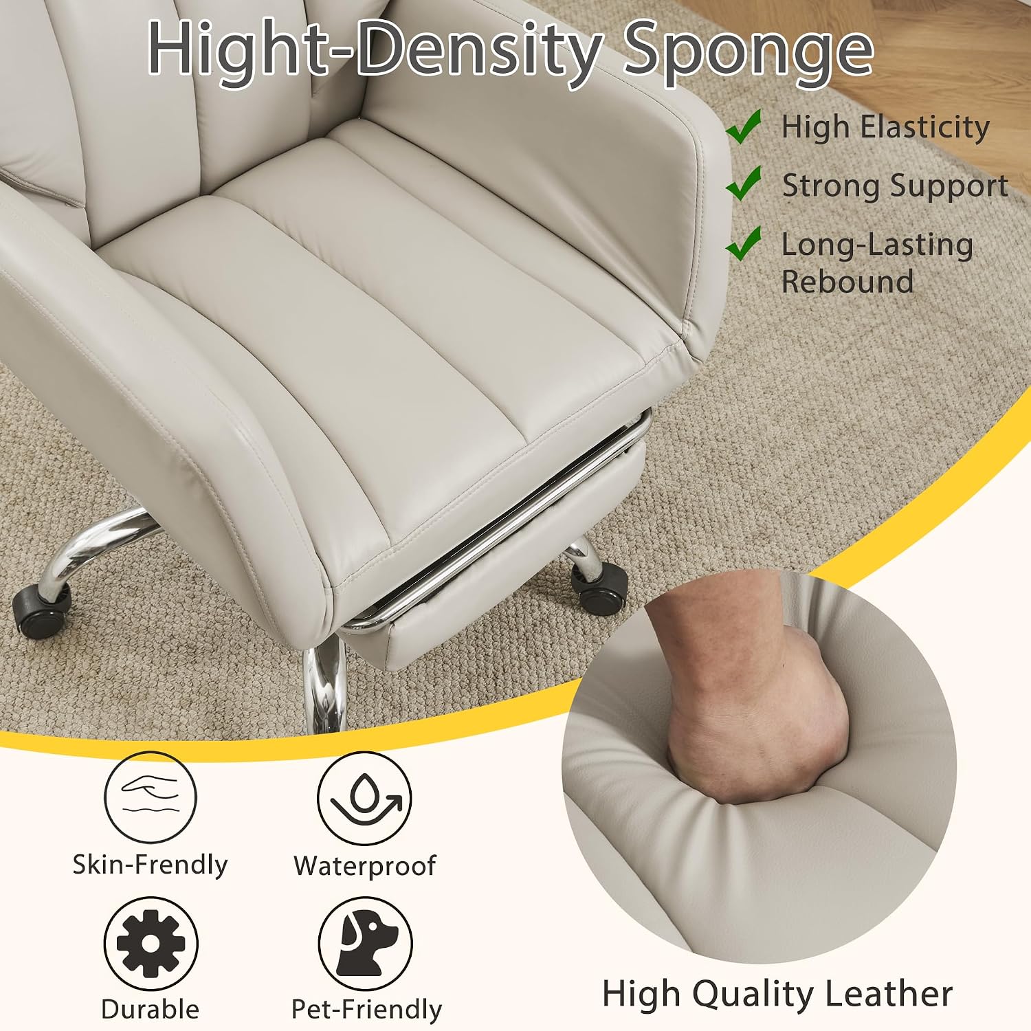 Ergonomic Cross Legged Office Chair with Footrest,Leather Big and Tall Executive Chair with Wheels,Reversible Armrest and Lumbar Pillow,155° Reclining Computer Wide Desk Chair for Home,Office (Beige)